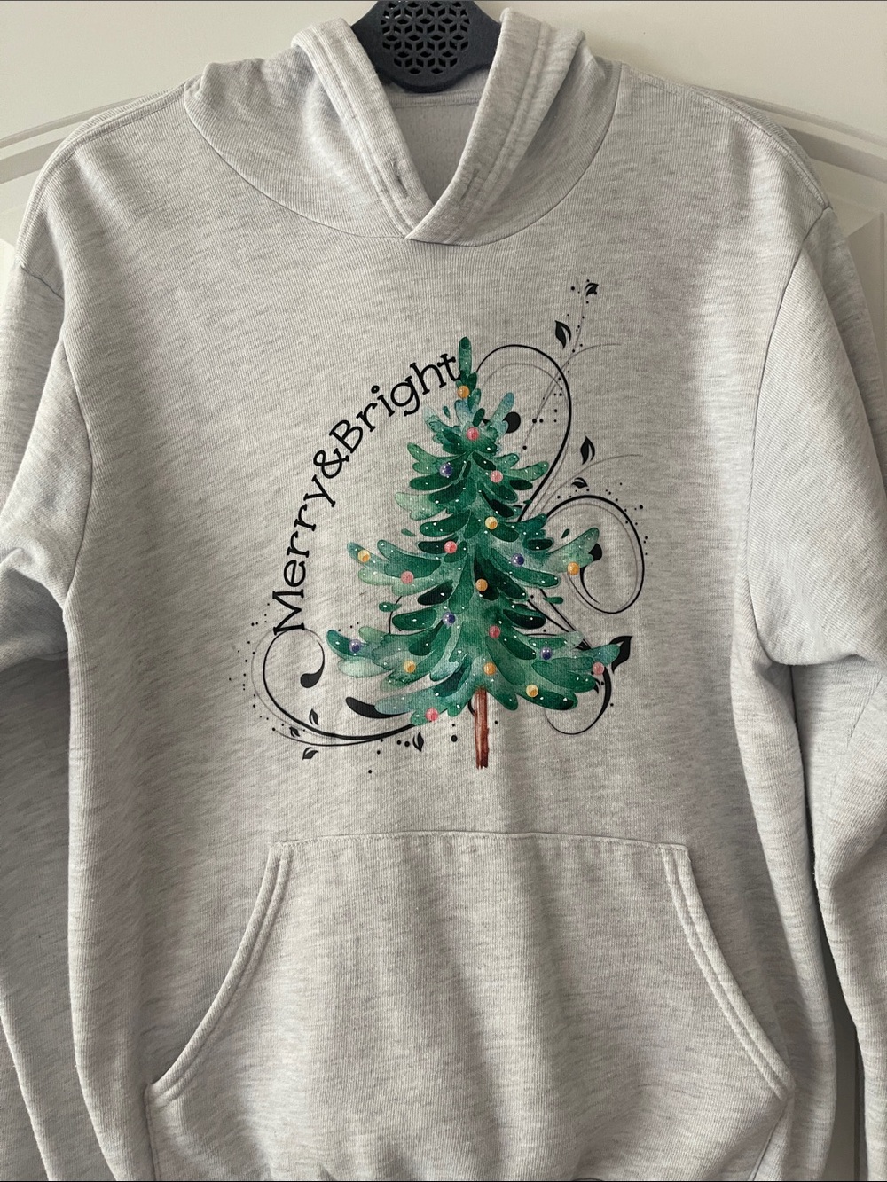 Merry & Bright Gray Women’s Christmas Holiday Hoodie Medium